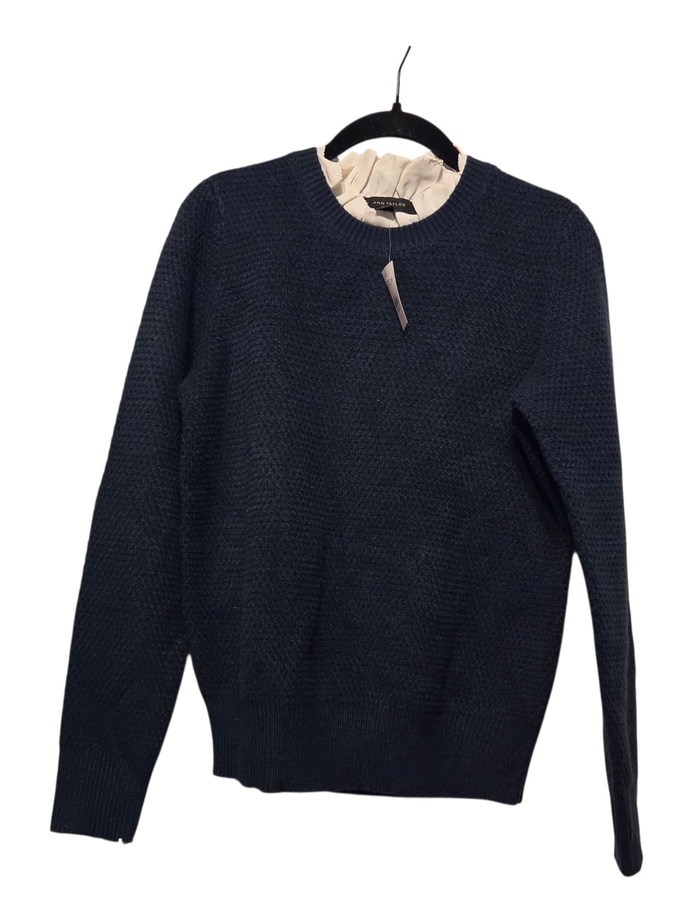 Ann Taylor Navy Textured Crewneck Sweater With Ruffle Neck Size Small